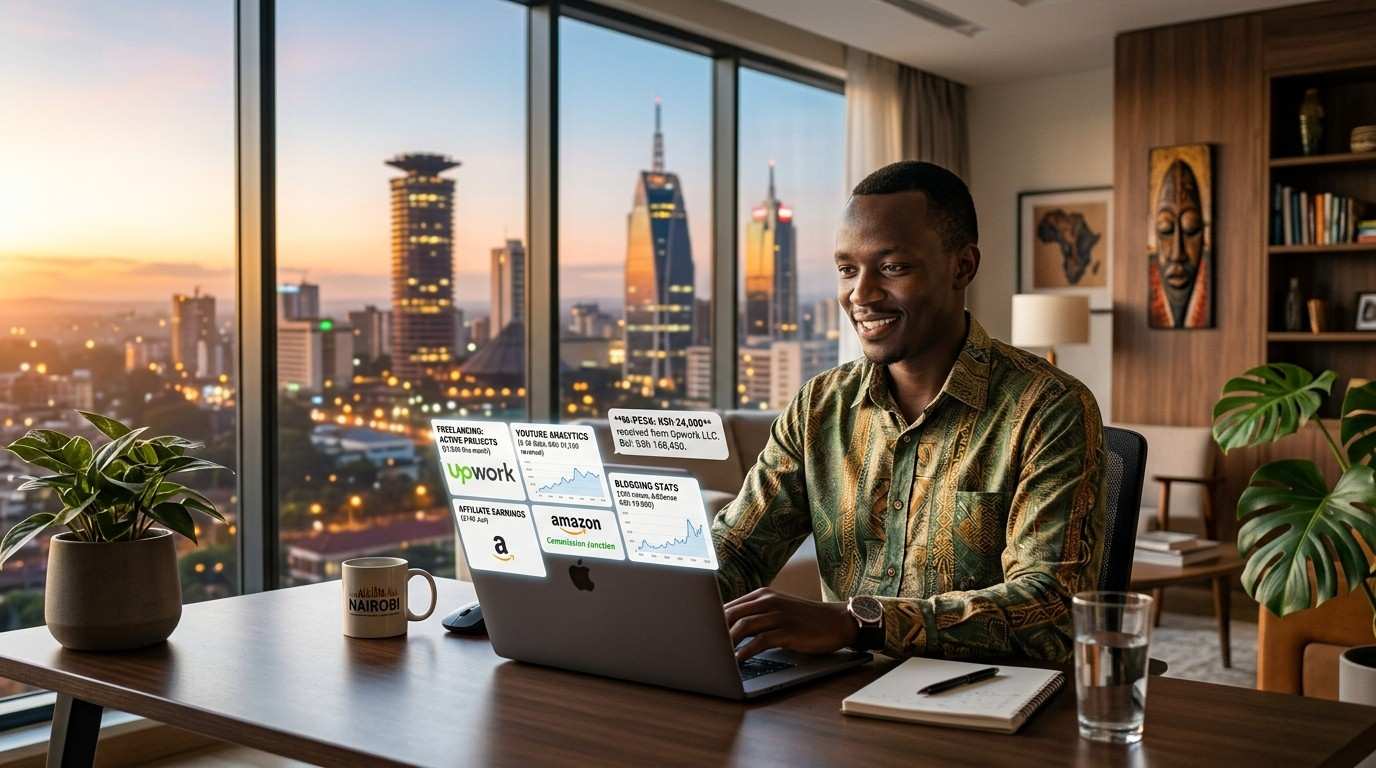 Person working on a laptop earning money online in Kenya — Nairobi city backdrop