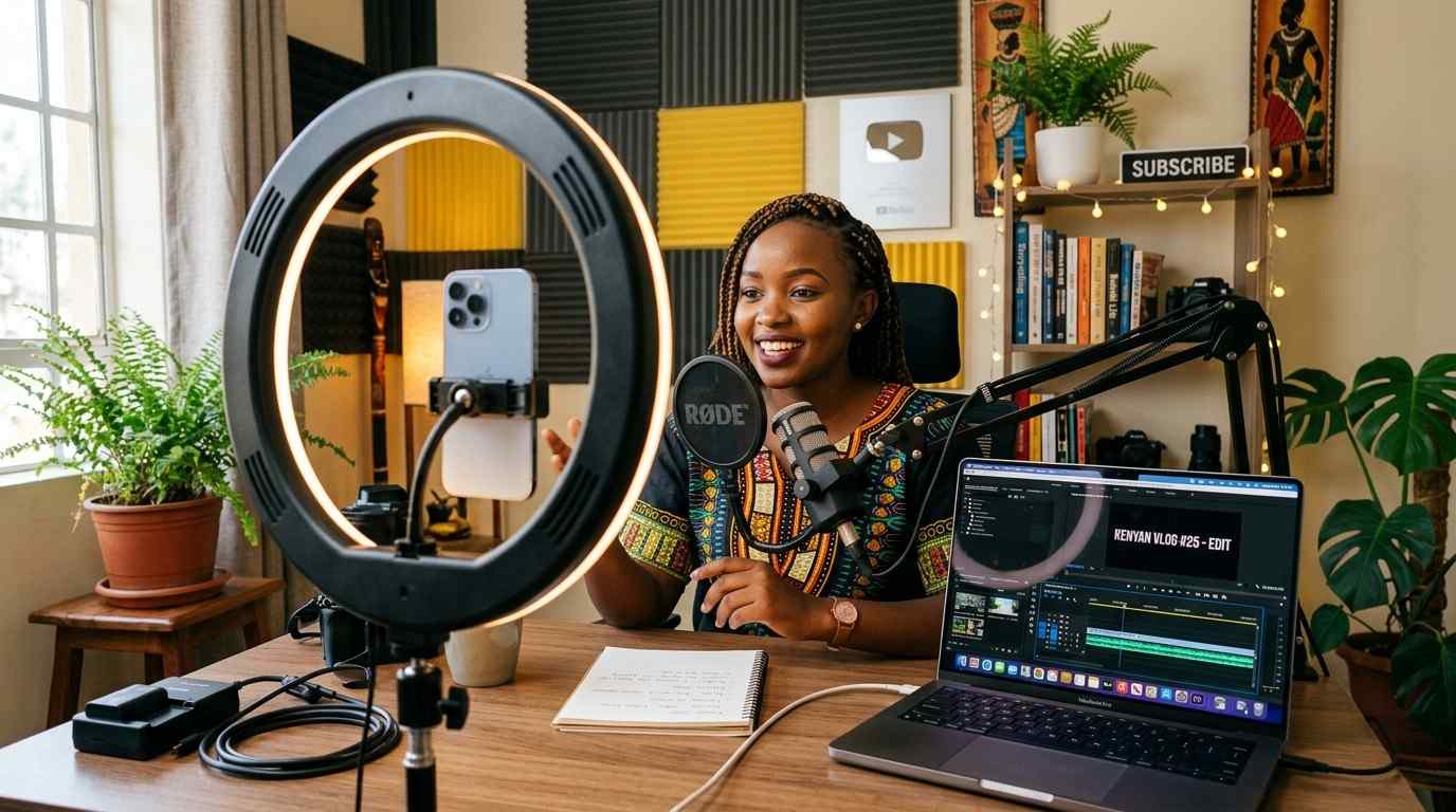 Kenyan content creator filming a YouTube video — online income through content creation