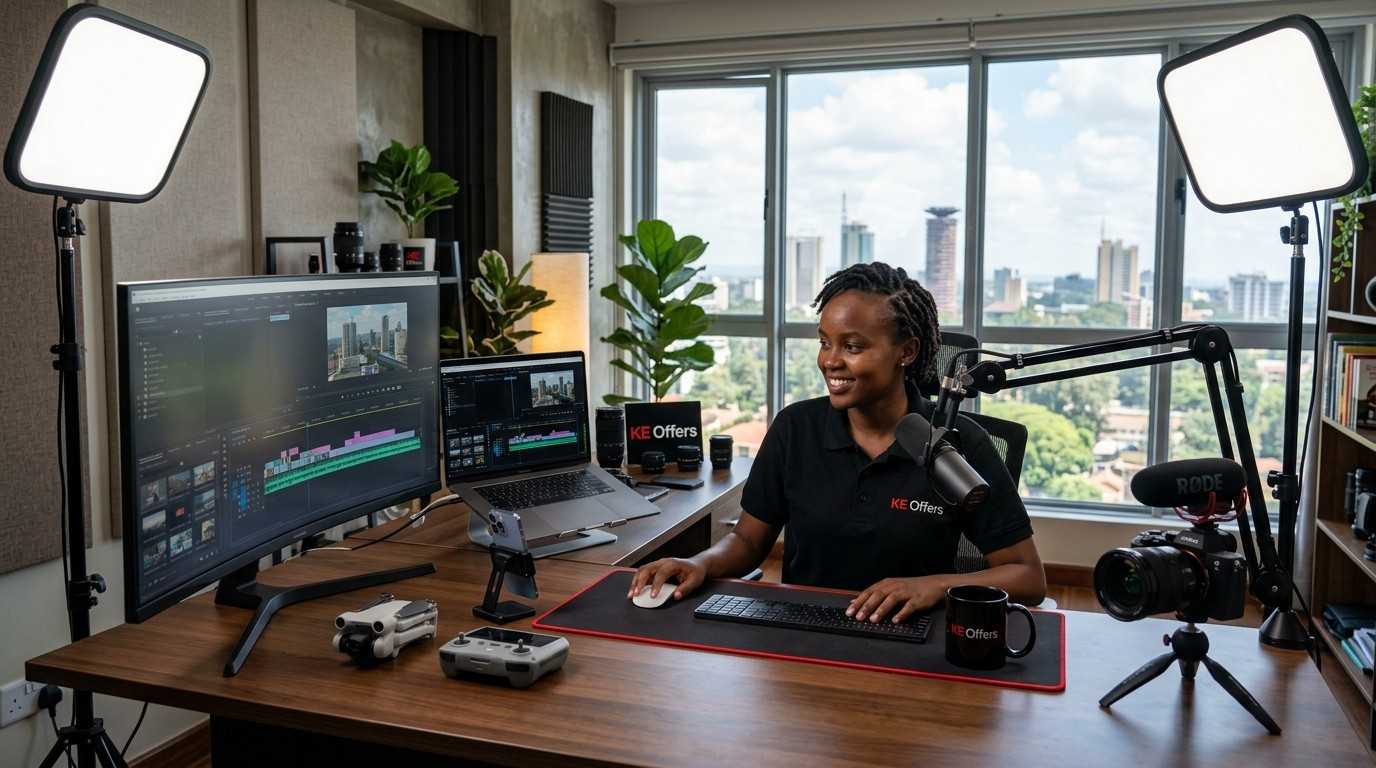 YouTube creator editing video on laptop in Nairobi