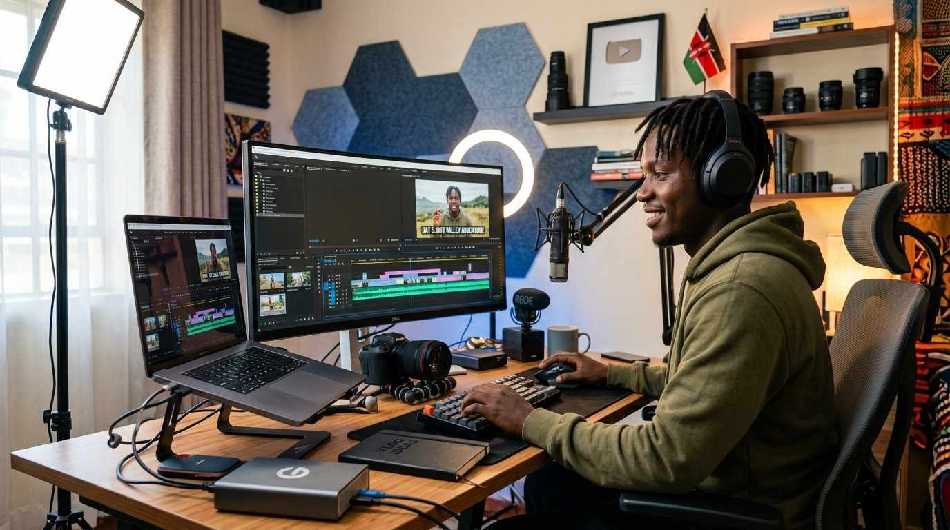 Kenyan content creator working with video editing software