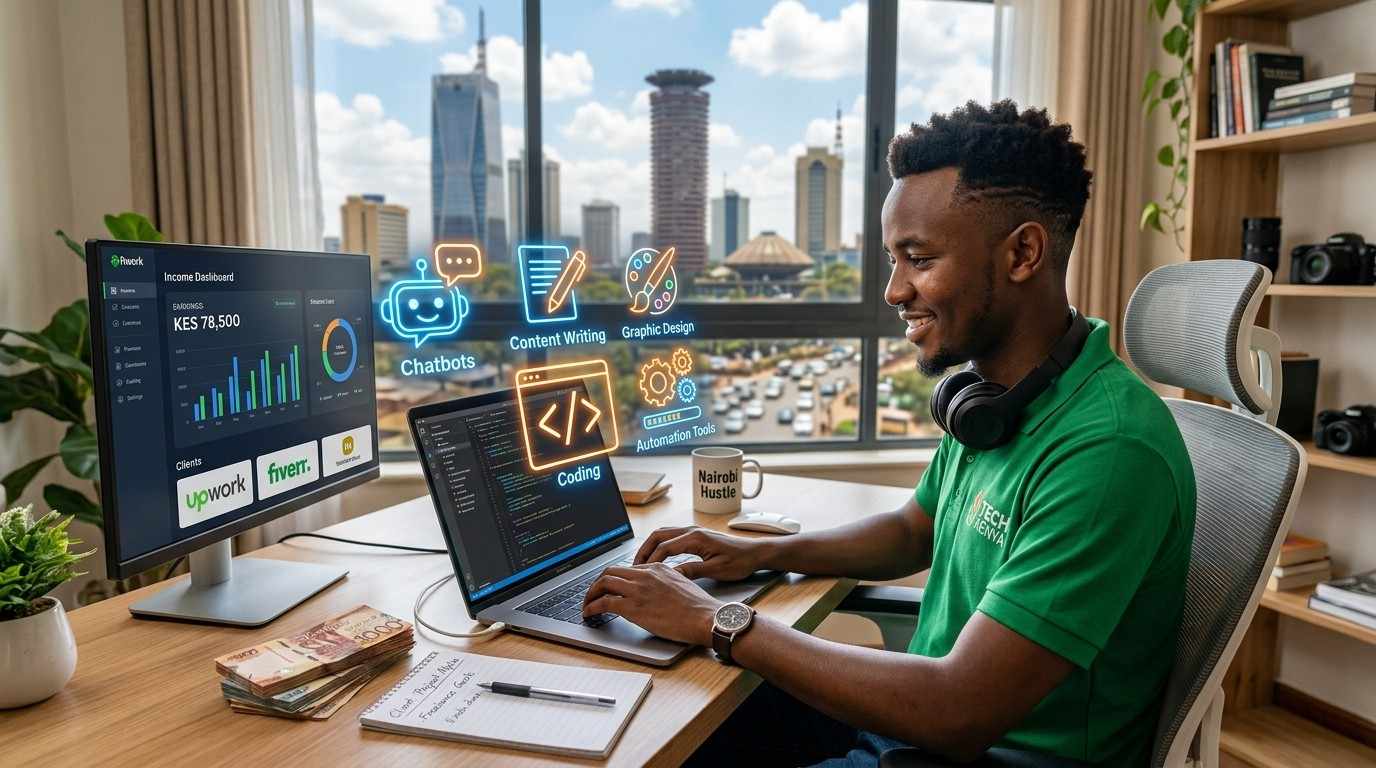 Kenyan freelancer using AI tools on laptop to earn money online