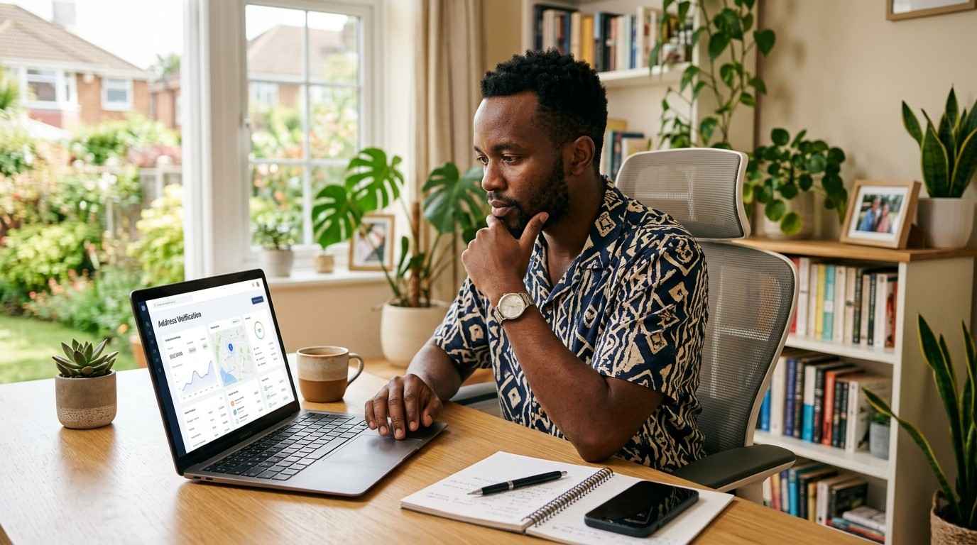 Kenyan blogger checking AdSense address verification on a laptop