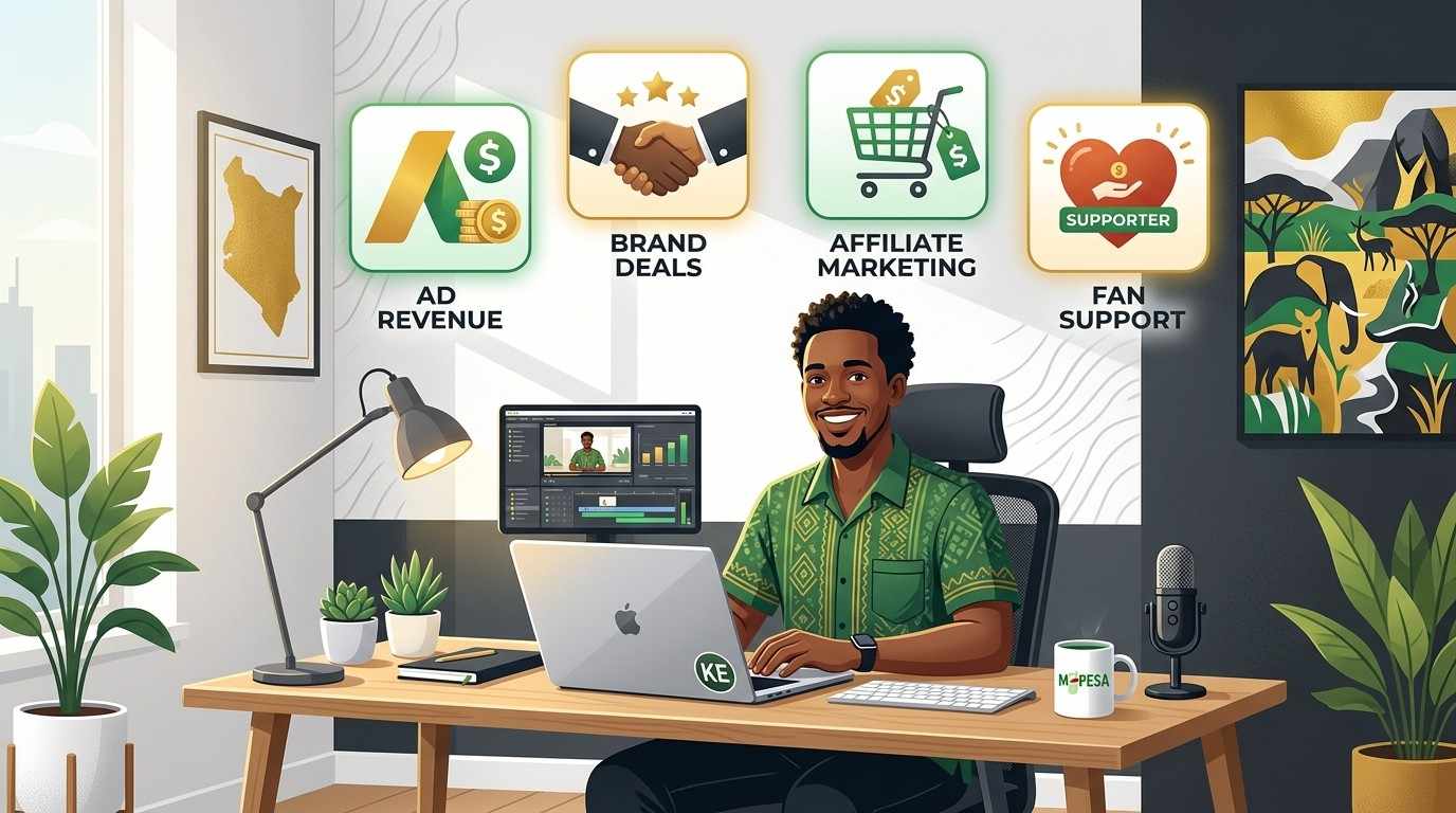 Kenyan blogger checking AdSense and affiliate earnings dashboard on a laptop
