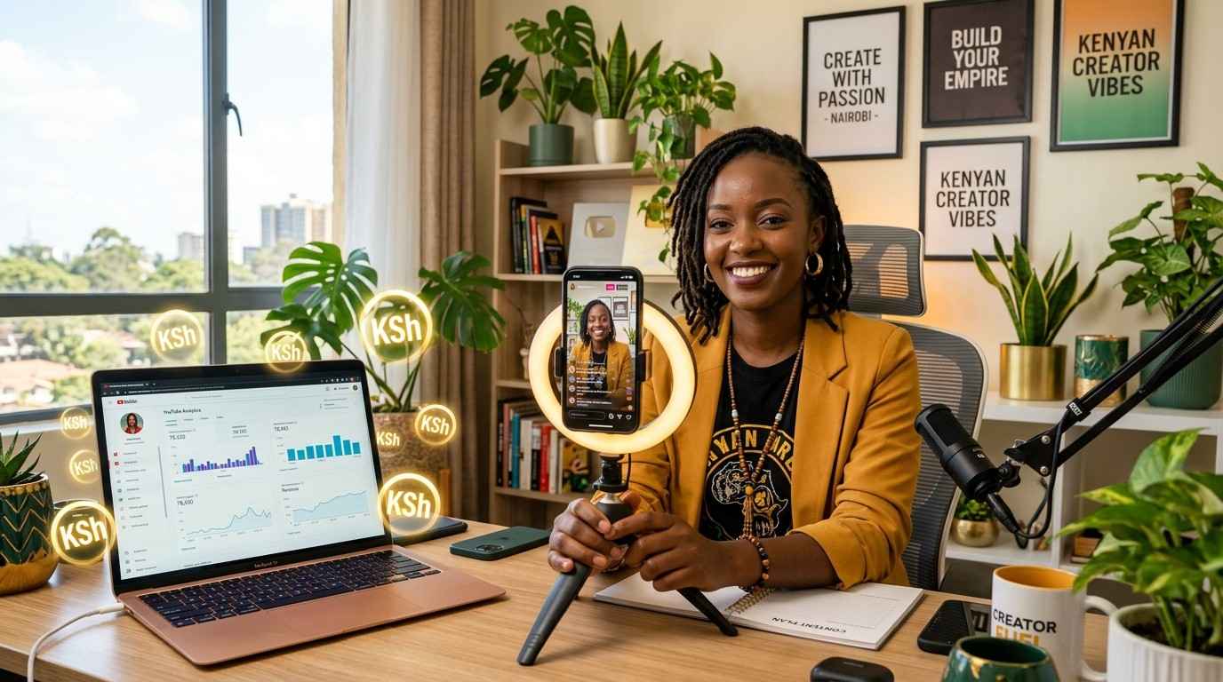 Kenyan content creator filming a video on a smartphone with a ring light