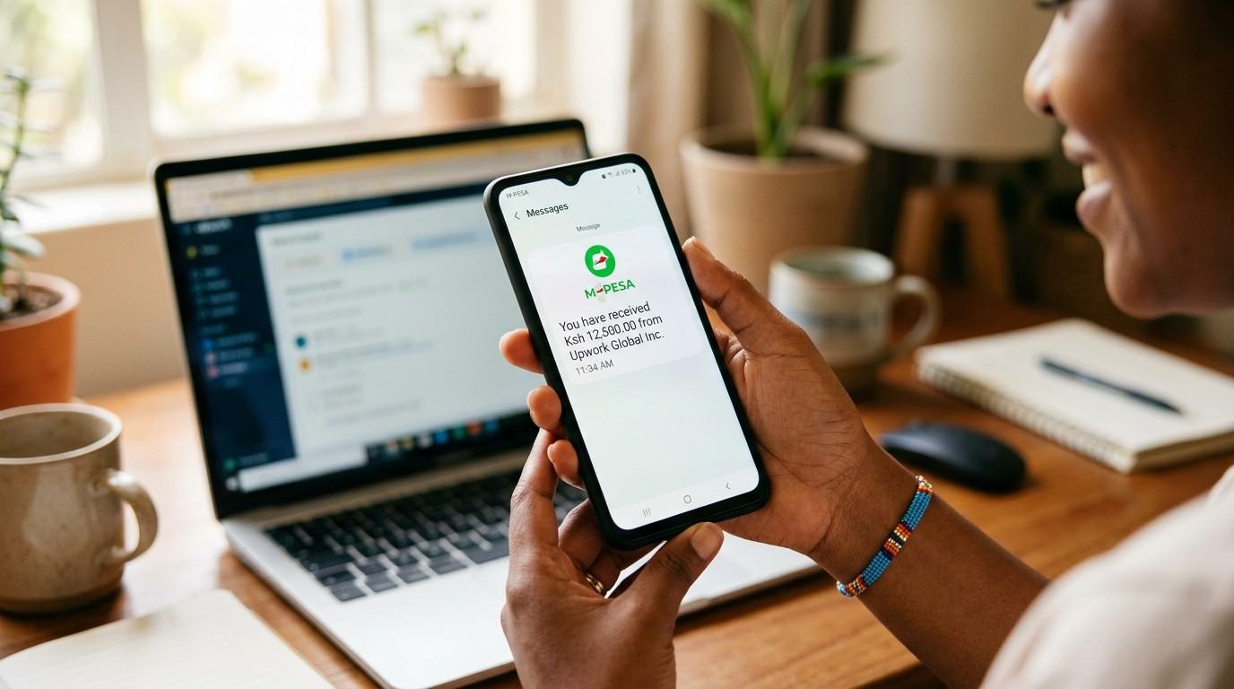 Kenyan freelancer receiving mobile money payment on phone after completing online job task