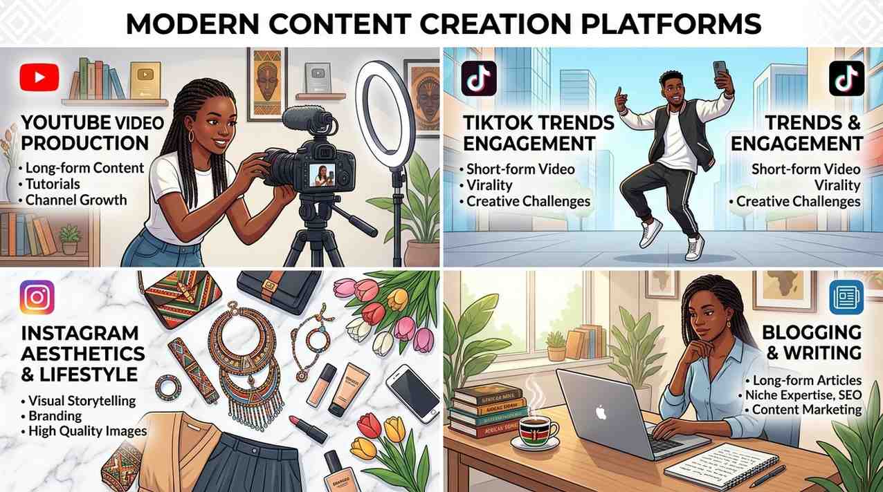 Split screen showing YouTube, TikTok, Instagram and blog icons representing content creator platforms