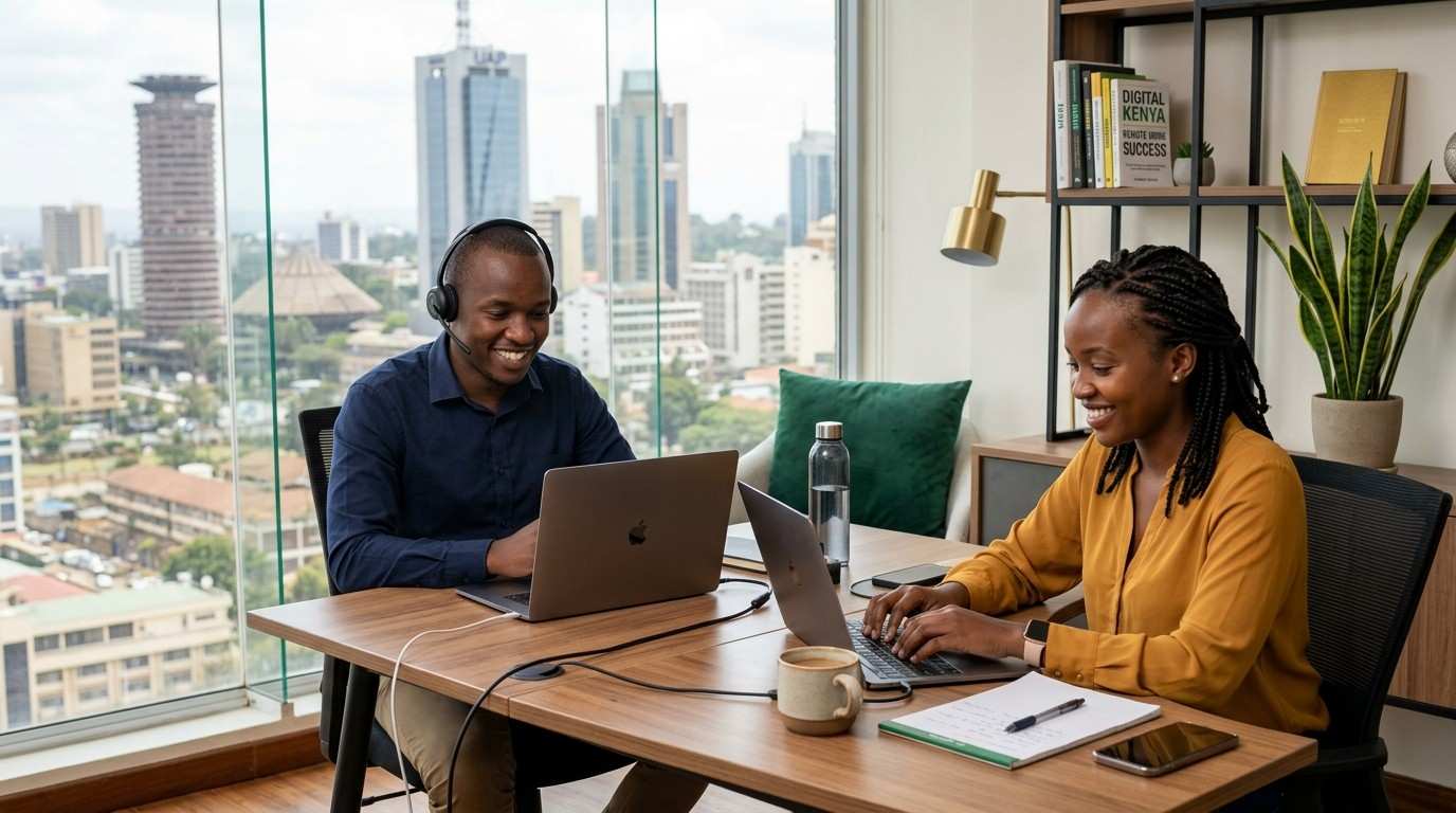 Young Kenyan professional working on a laptop from home doing an online job