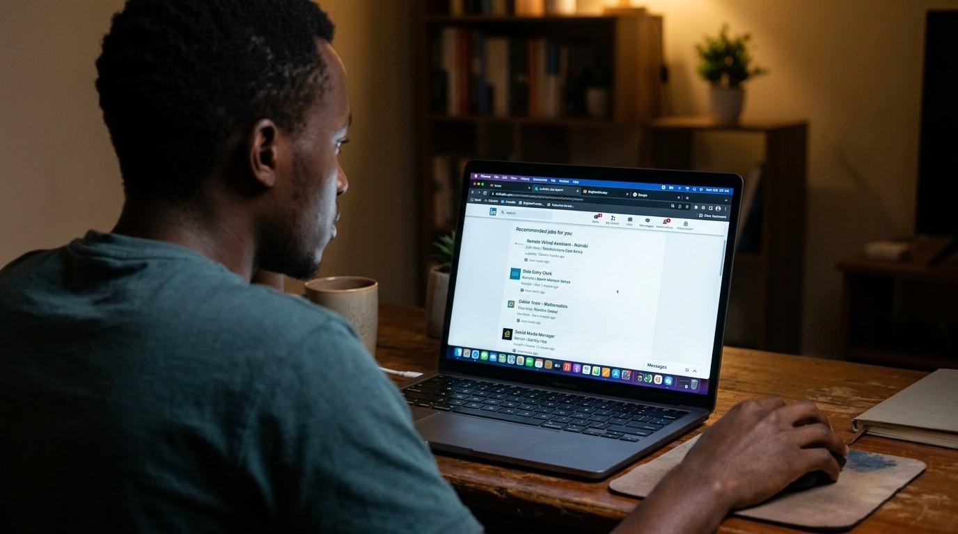 Kenyan job seeker reviewing online job listings on a laptop screen