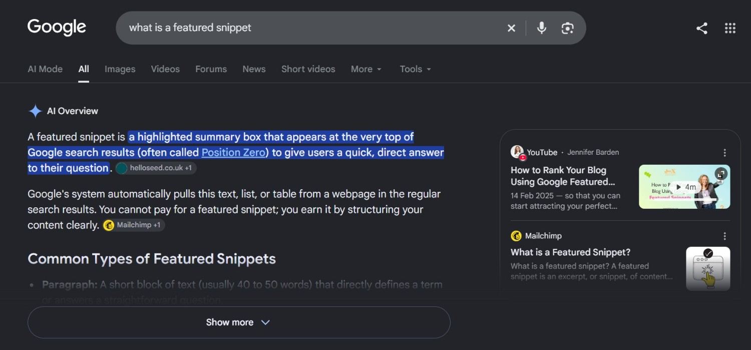 Example of a Google featured snippet showing a short answer at the top of search results